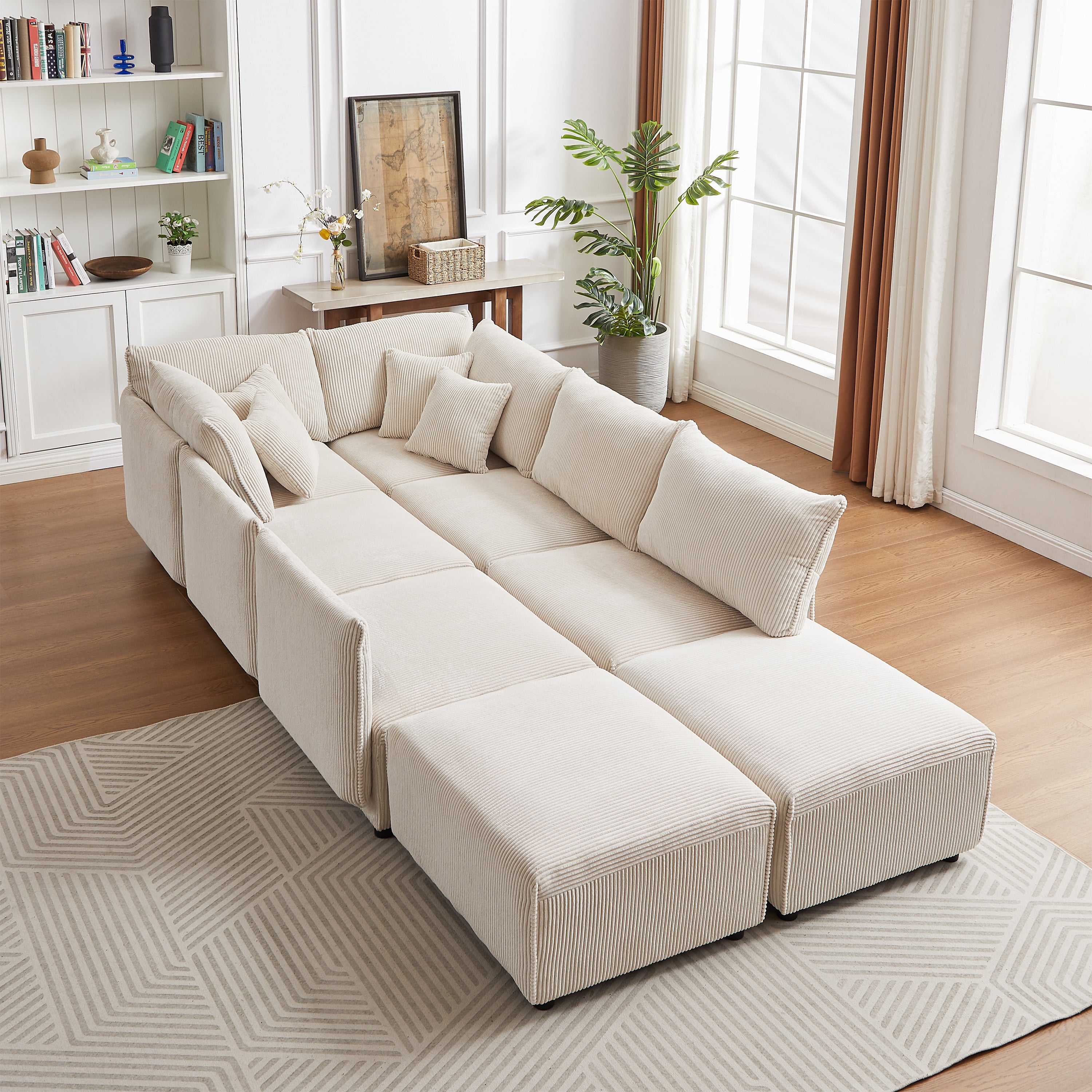 Multi-Module Combination Style Sofa for Living Room, Bedroom and Other Lounge Spaces, Modern Minimalist Corduroy Combination Sofa with 2 Comfort Cushions with USB & C Charging Ports,beige,two sets