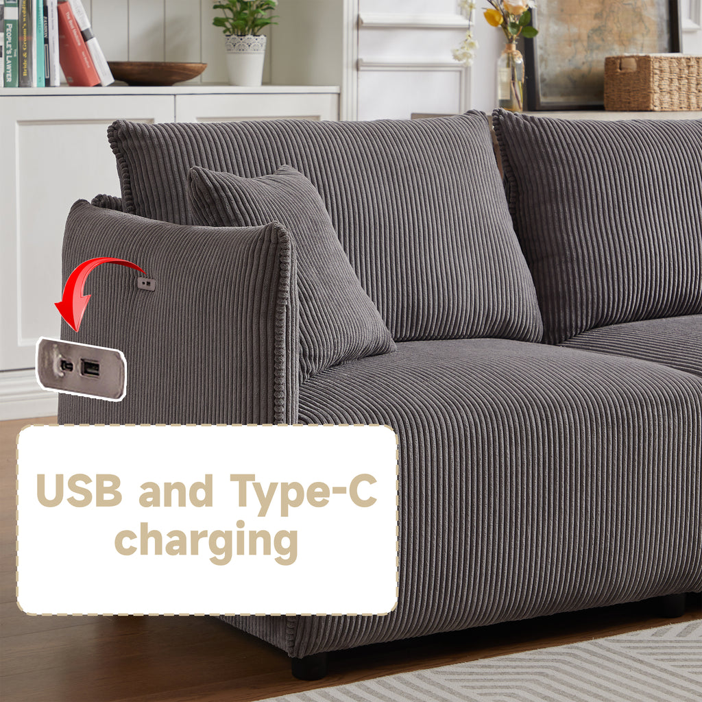 Multi-Module Combination Style Modern Minimalist Corduroy Sofa with 2 Comfort Cushions and USB & C Charging Ports for Living Room