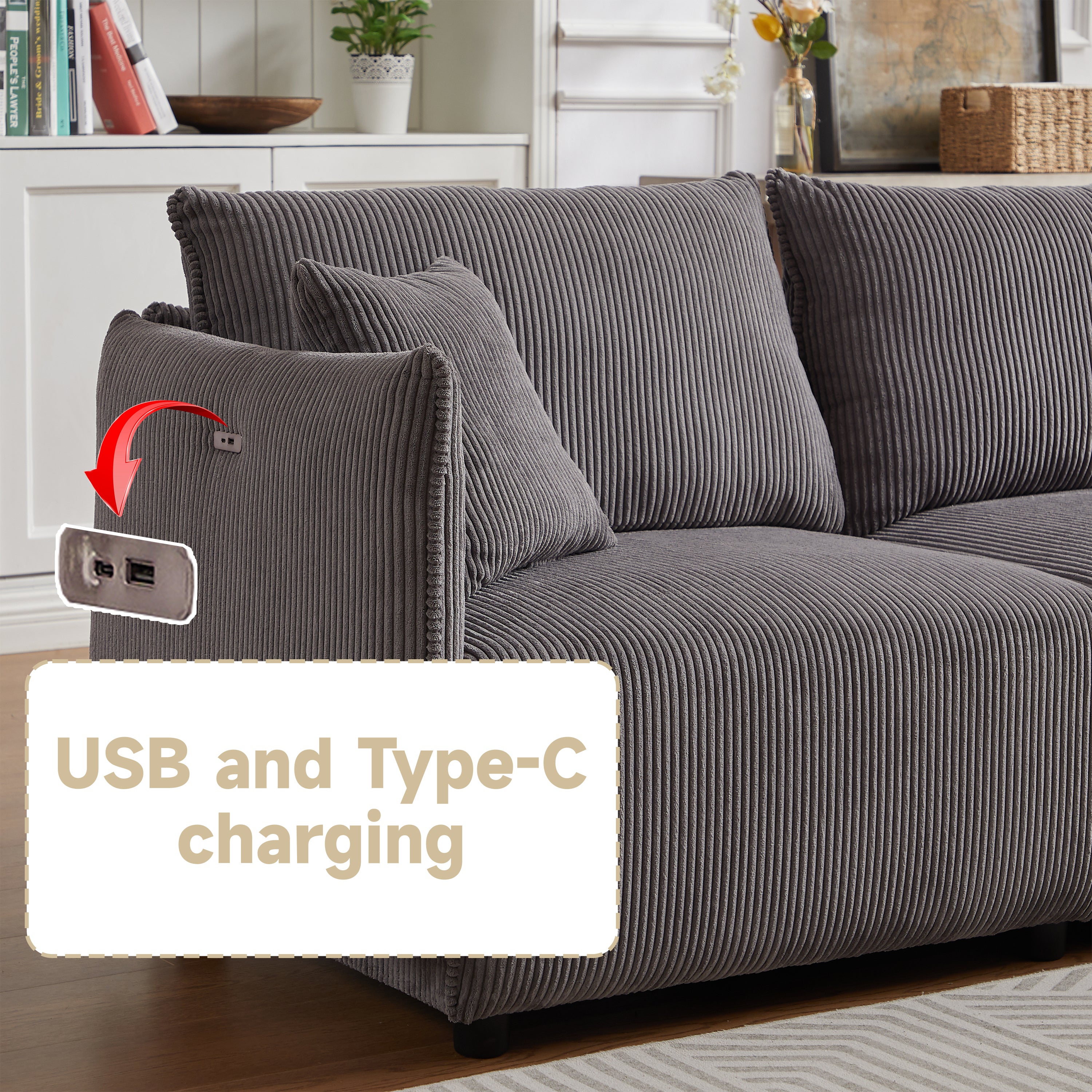 Multi-Module Combination Style Modern Minimalist Corduroy Sofa with 2 Comfort Cushions and USB & C Charging Ports for Living Room