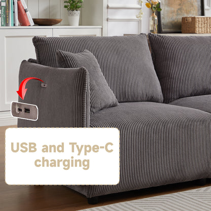 Multi-Module Combination Style Modern Minimalist Corduroy Sofa with 2 Comfort Cushions and USB & C Charging Ports for Living Room
