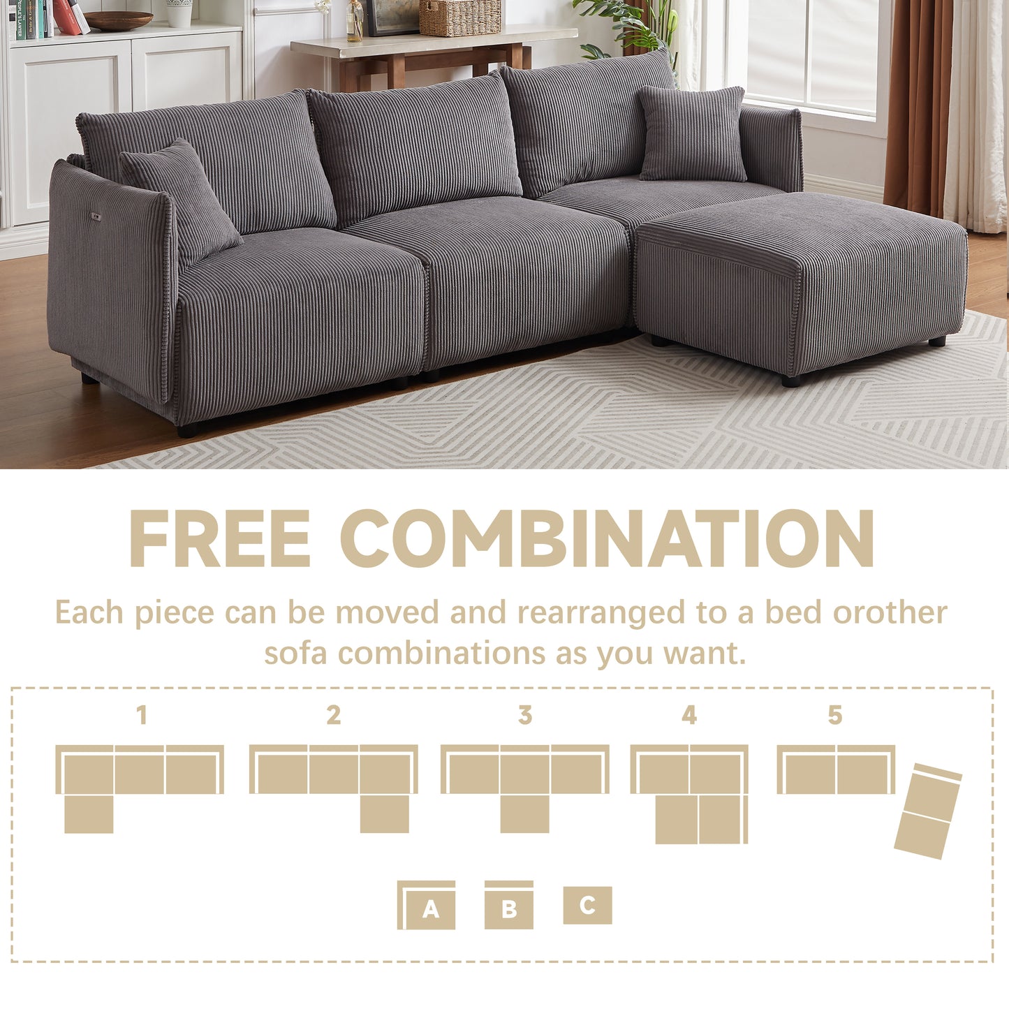 Multi-Module Combination Style Modern Minimalist Corduroy Sofa with 2 Comfort Cushions and USB & C Charging Ports for Living Room