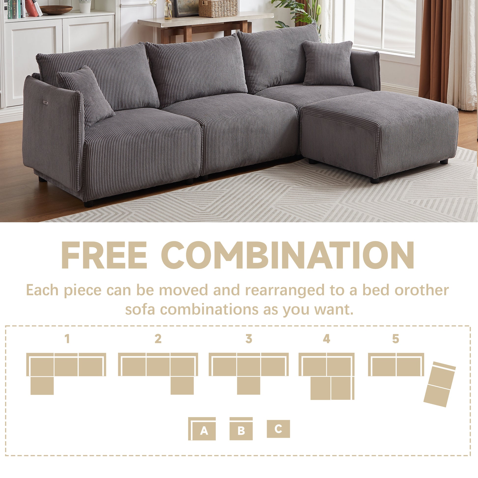 Multi-Module Combination Style Modern Minimalist Corduroy Sofa with 2 Comfort Cushions and USB & C Charging Ports for Living Room