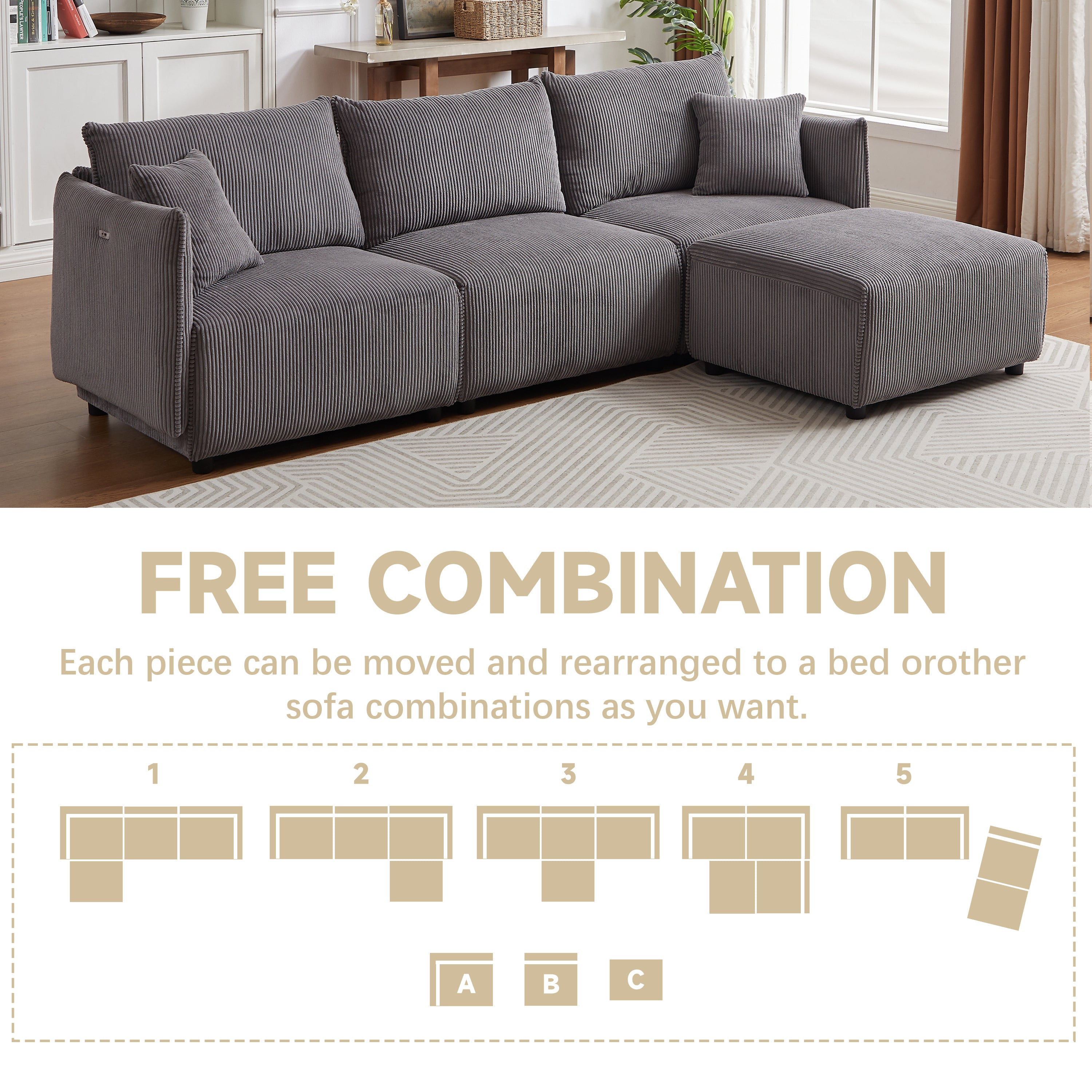 Multi-Module Combination Style Modern Minimalist Corduroy Sofa with 2 Comfort Cushions and USB & C Charging Ports for Living Room