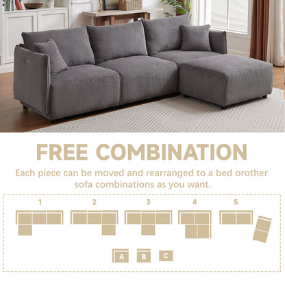 Multi-Module Combination Style Modern Minimalist Corduroy Sofa with 2 Comfort Cushions and USB & C Charging Ports for Living Room