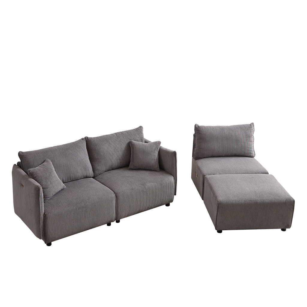 Multi-Module Combination Style Modern Minimalist Corduroy Sofa with 2 Comfort Cushions and USB & C Charging Ports for Living Room