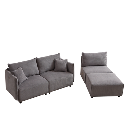 Multi-Module Combination Style Modern Minimalist Corduroy Sofa with 2 Comfort Cushions and USB & C Charging Ports for Living Room