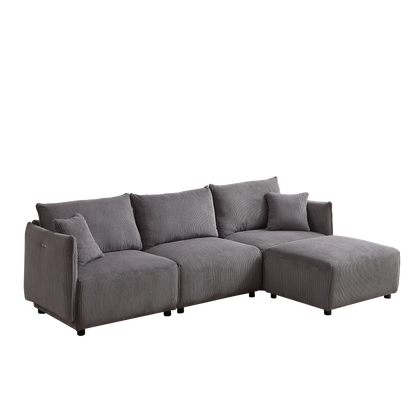 Multi-Module Combination Style Modern Minimalist Corduroy Sofa with 2 Comfort Cushions and USB & C Charging Ports for Living Room