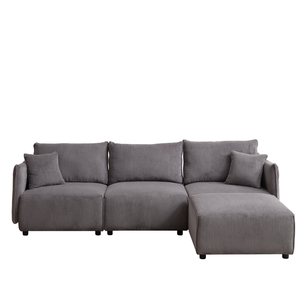 106" Multi-Module Combination Style Sofa for Living Room, Bedroom and Other Lounge Spaces, Modern Minimalist Corduroy Combination Sofa with 2 Comfort Cushions with USB & C Charging Ports Gray