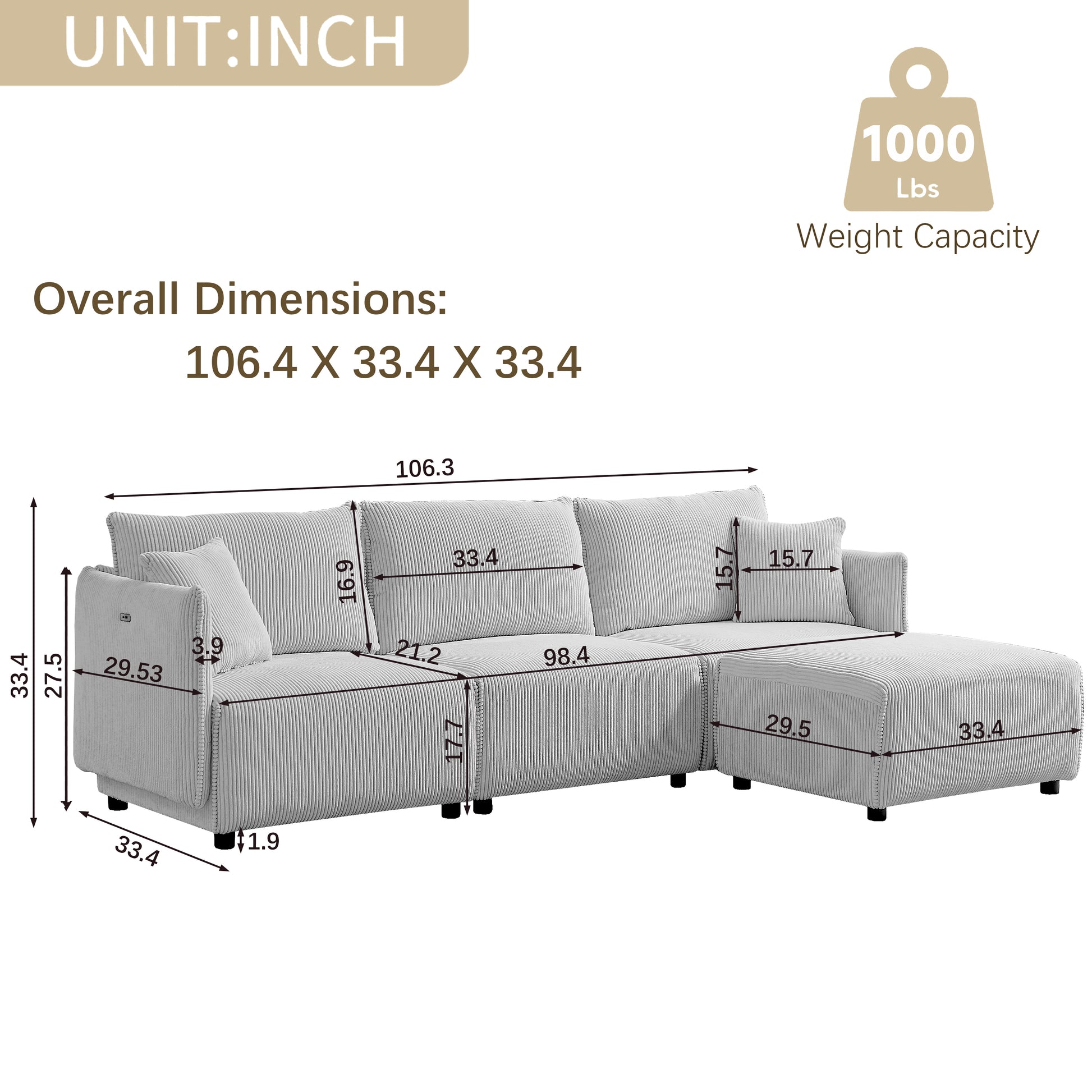 Multi-Module Combination Style Sofa for Living Room, Bedroom and Other Lounge Spaces, Modern Minimalist Corduroy Combination Sofa with 2 Comfort Cushions with USB & C Charging Ports,beige,two sets