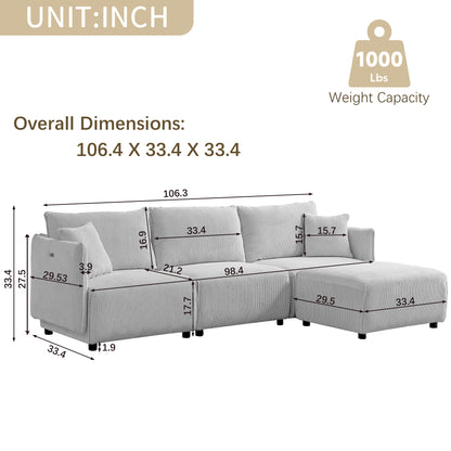 Multi-Module Combination Style Sofa for Living Room, Bedroom and Other Lounge Spaces, Modern Minimalist Corduroy Combination Sofa with 2 Comfort Cushions with USB & C Charging Ports,beige,two sets