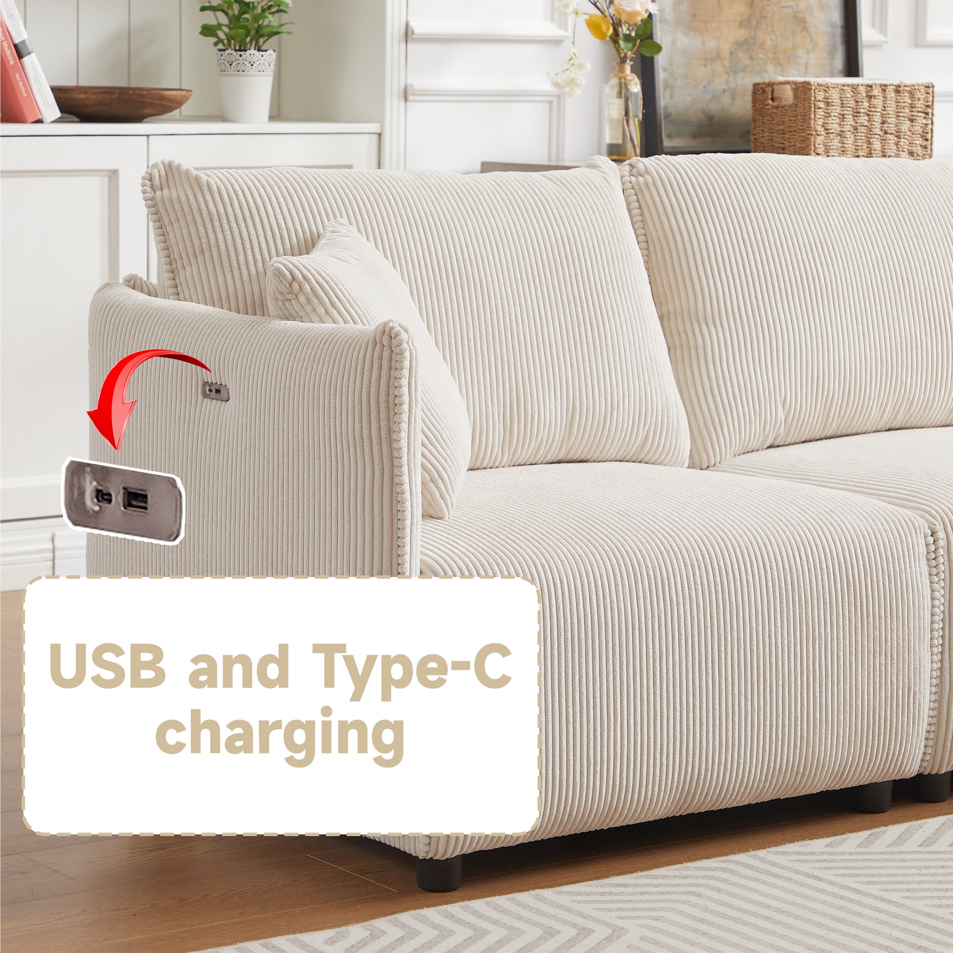 Multi-Module Combination Style Sofa for Living Room, Bedroom and Other Lounge Spaces, Modern Minimalist Corduroy Combination Sofa with 2 Comfort Cushions with USB & C Charging Ports,beige,two sets