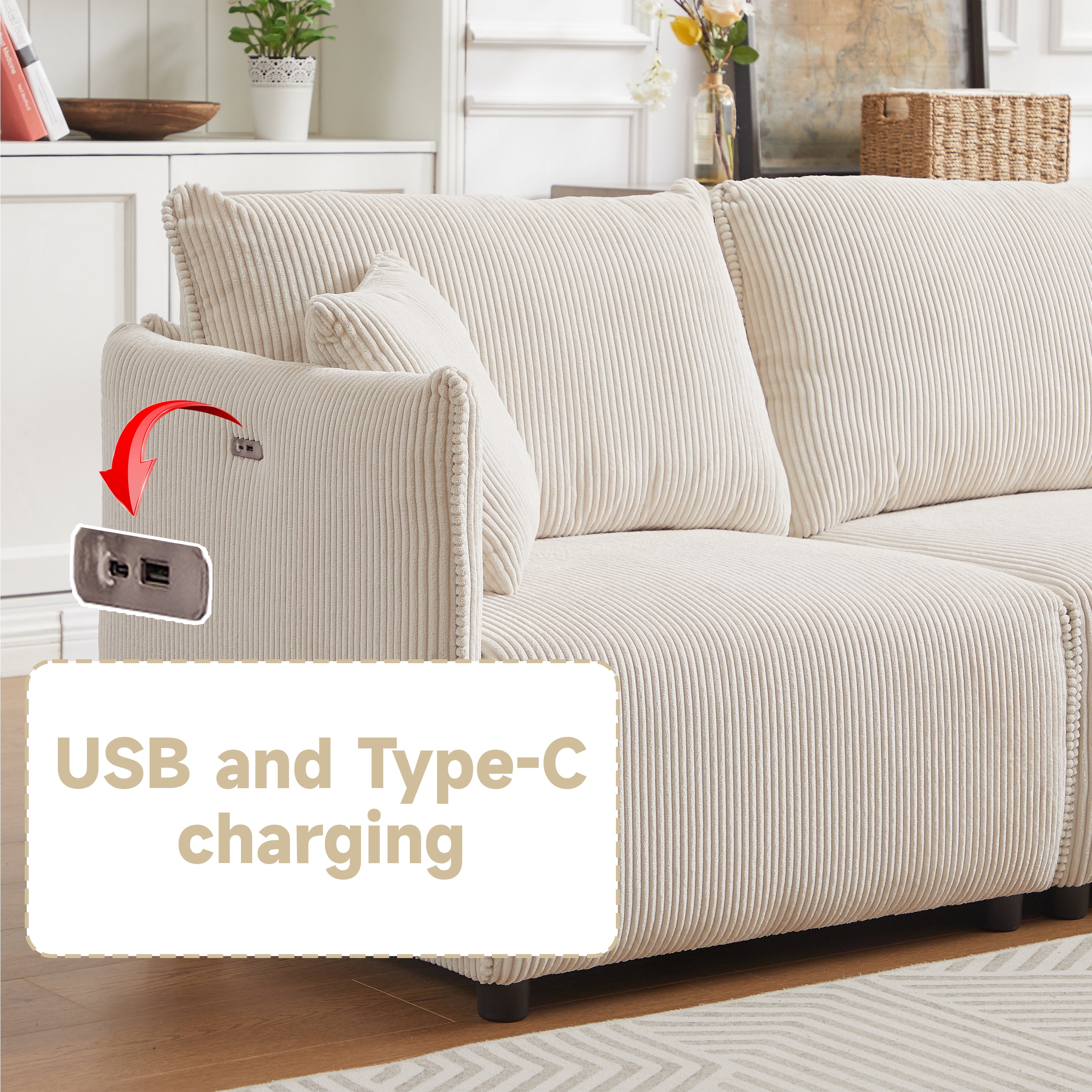Multi-Module Combination Style Sofa for Living Room, Bedroom and Other Lounge Spaces, Modern Minimalist Corduroy Combination Sofa with 2 Comfort Cushions with USB & C Charging Ports,beige,two sets