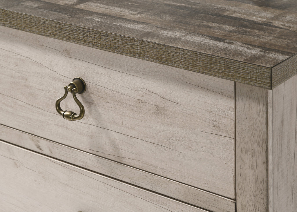 1pc Cottage Style Distressed 5 Drawer Chest Driftwood Finish Contrasting Weathered Brown Top Traditional Ring Pull Hardware Wooden