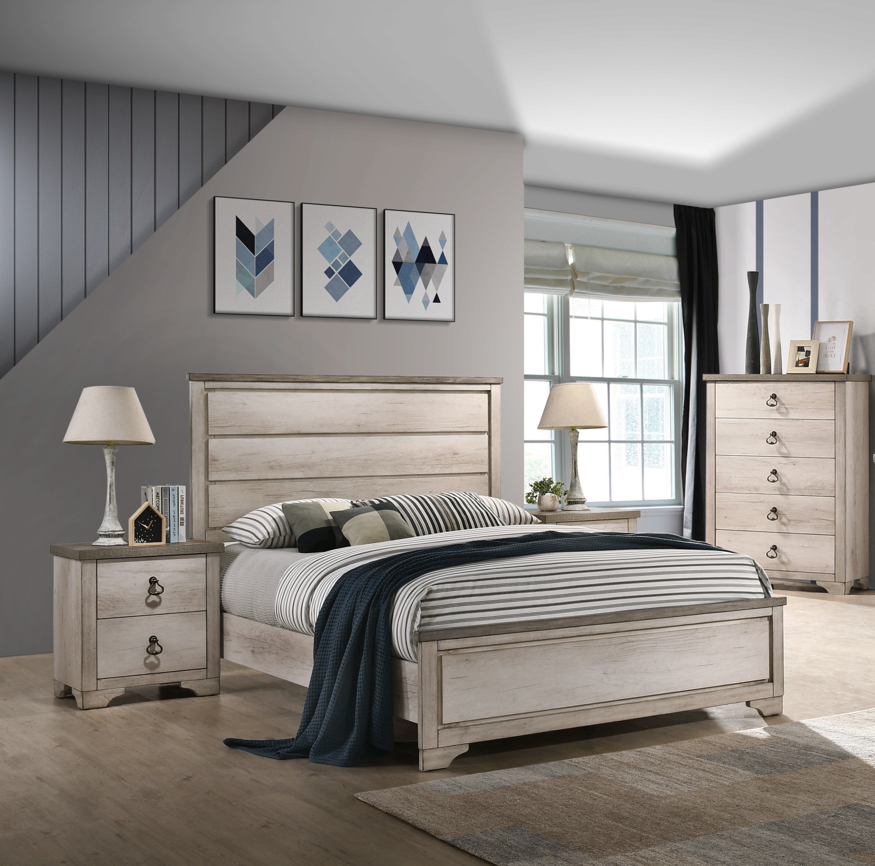 1pc Cottage Style Distressed 5 Drawer Chest Driftwood Finish Contrasting Weathered Brown Top Traditional Ring Pull Hardware Wooden