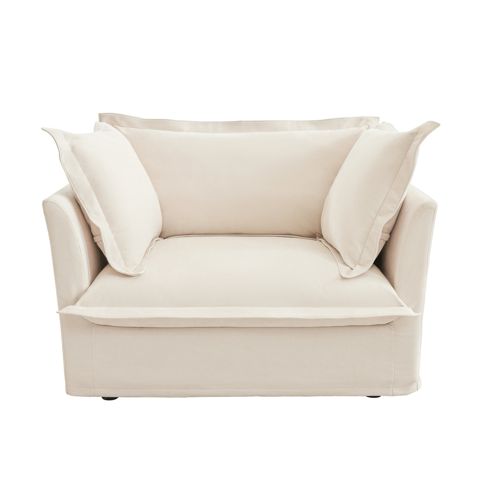 Slip-covered Armchair with 1 Big Back Cushion and 2 Big Toss Pillows, Single Deep Seat Comfy Single Couch Sofa Multiple Large Soft Pillows, Chenille Fabric, Cream