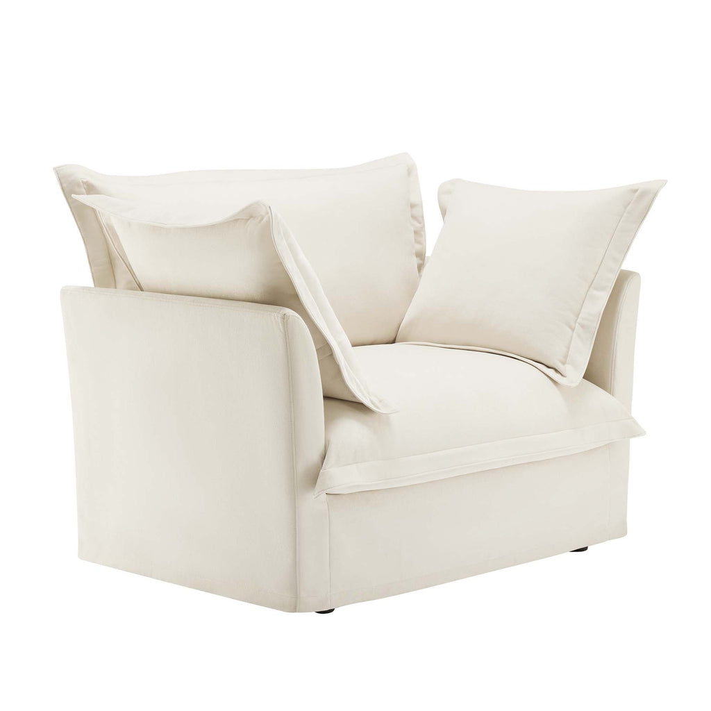 Slip-covered Armchair with 1 Big Back Cushion and 2 Big Toss Pillows, Single Deep Seat Comfy Single Couch Sofa Multiple Large Soft Pillows, Chenille Fabric, Cream