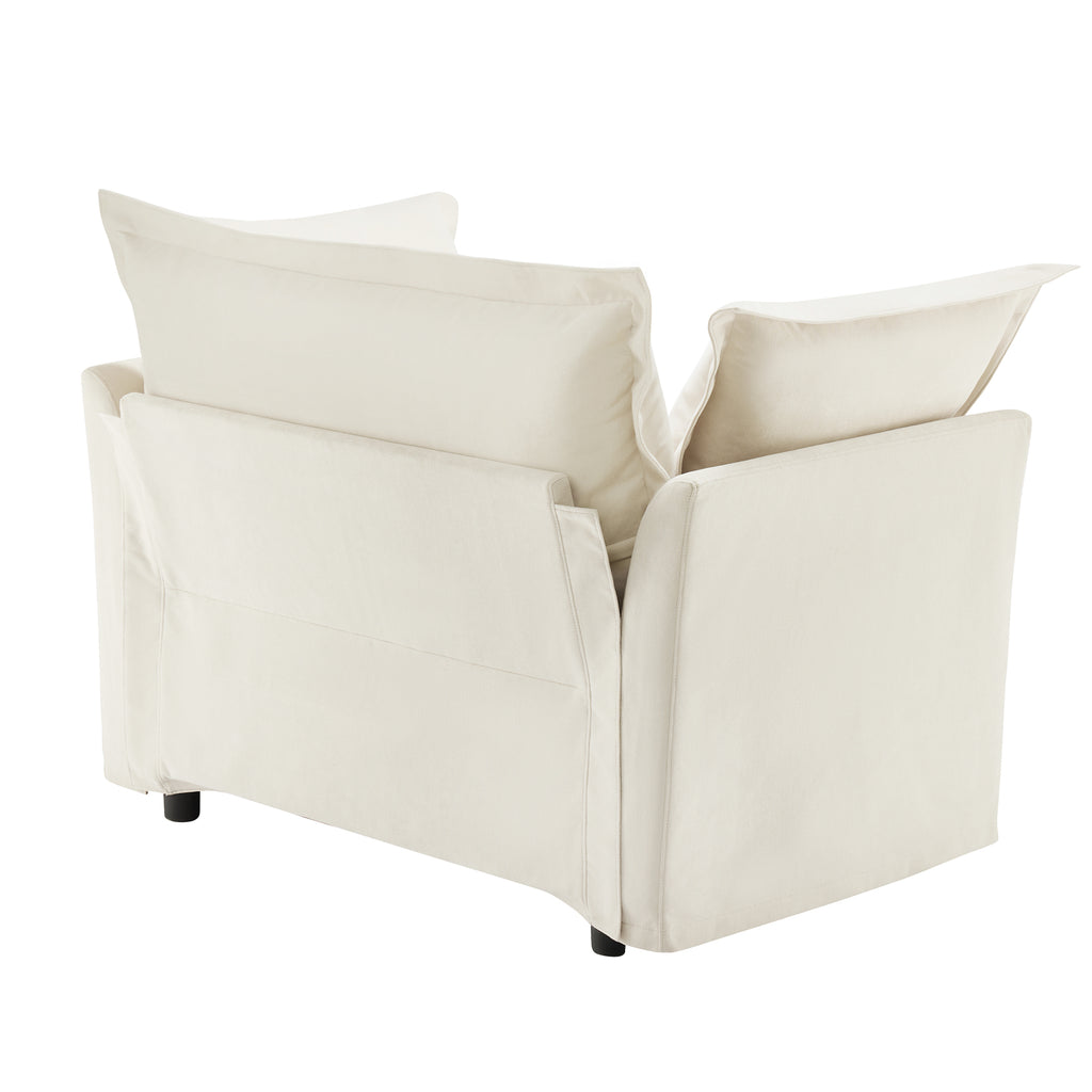 Slip-covered Armchair with 1 Big Back Cushion and 2 Big Toss Pillows, Single Deep Seat Comfy Single Couch Sofa Multiple Large Soft Pillows, Chenille Fabric, Cream