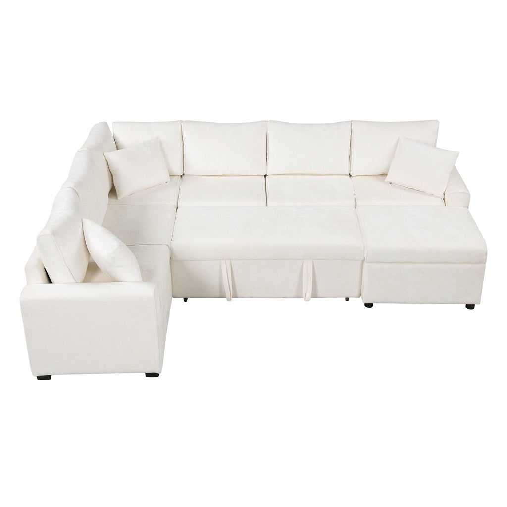 112.2" Sectional Sofa Pull-out Sofa Bed Sleeper with a Storage Ottoman,Three Pillows and Charging Devices for Living Room, Cream