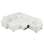 112.2" Sectional Sofa Pull-out Sofa Bed Sleeper with a Storage Ottoman,Three Pillows and Charging Devices for Living Room, Cream