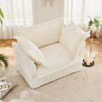 Slip-covered Armchair with 1 Big Back Cushion and 2 Big Toss Pillows, Single Deep Seat Comfy Single Couch Sofa Multiple Large Soft Pillows, Cream Corduroy Fabric