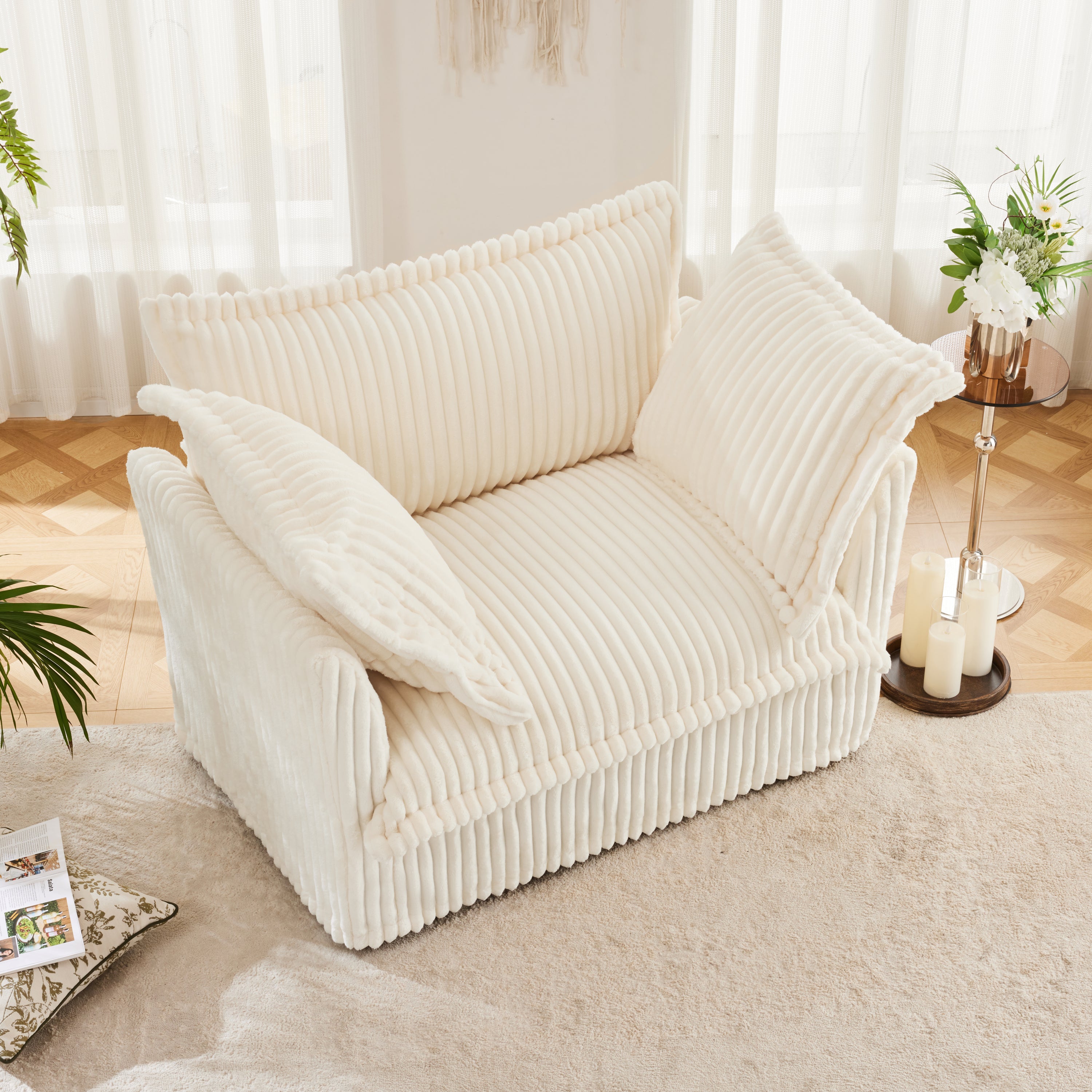 Slip-covered Armchair with 1 Big Back Cushion and 2 Big Toss Pillows, Single Deep Seat Comfy Single Couch Sofa Multiple Large Soft Pillows, Cream Corduroy Fabric