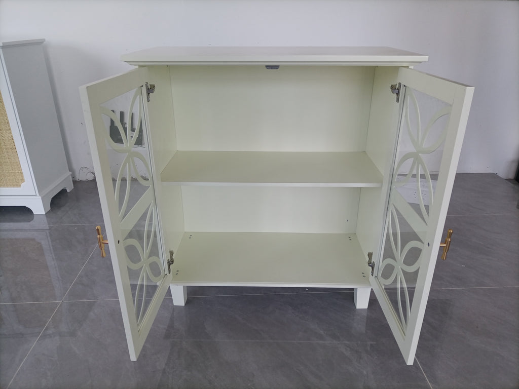 Modern Retro Sideboard Buffet Storage Cabinet with Adjustable Shelves and Tempered Glass Doors in Cream Color