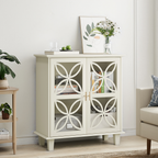 Modern Retro Sideboard Buffet Storage Cabinet with Adjustable Shelves and Tempered Glass Doors in Cream Color