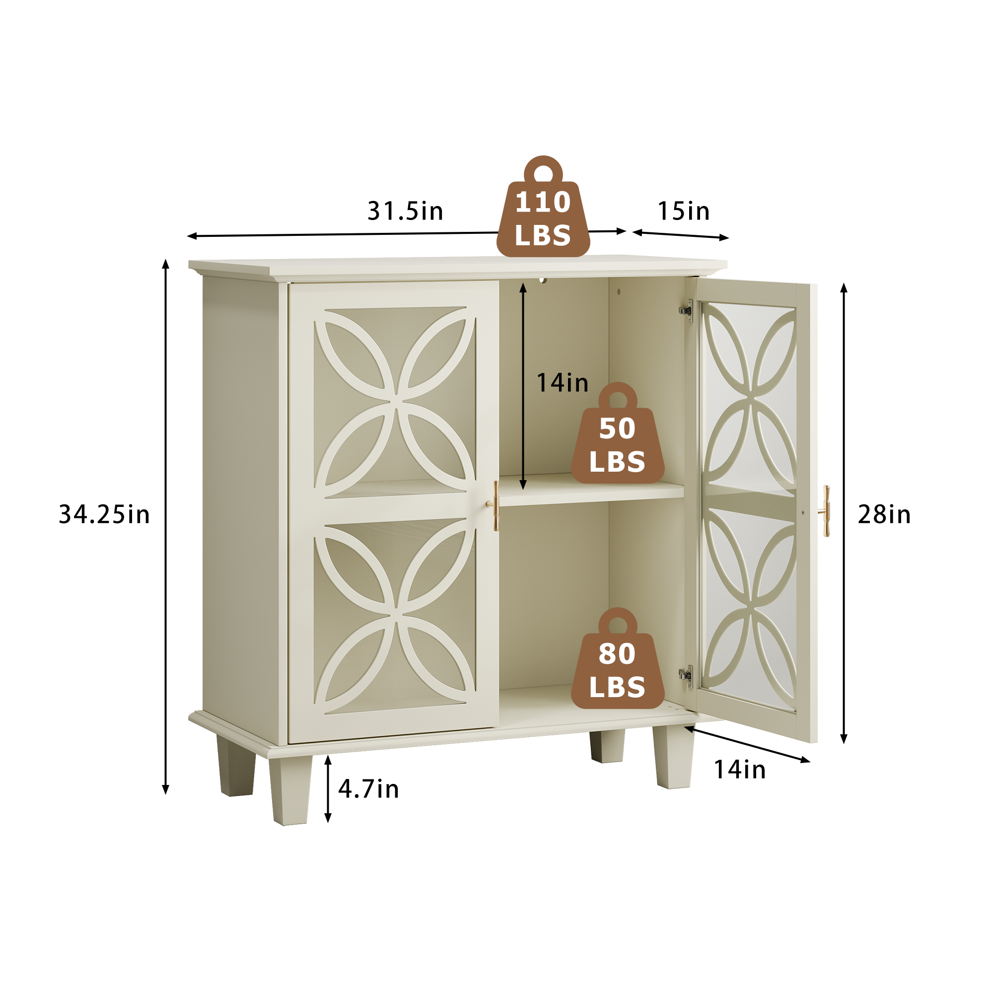 Modern Retro Sideboard Buffet Storage Cabinet with Adjustable Shelves and Tempered Glass Doors in Cream Color