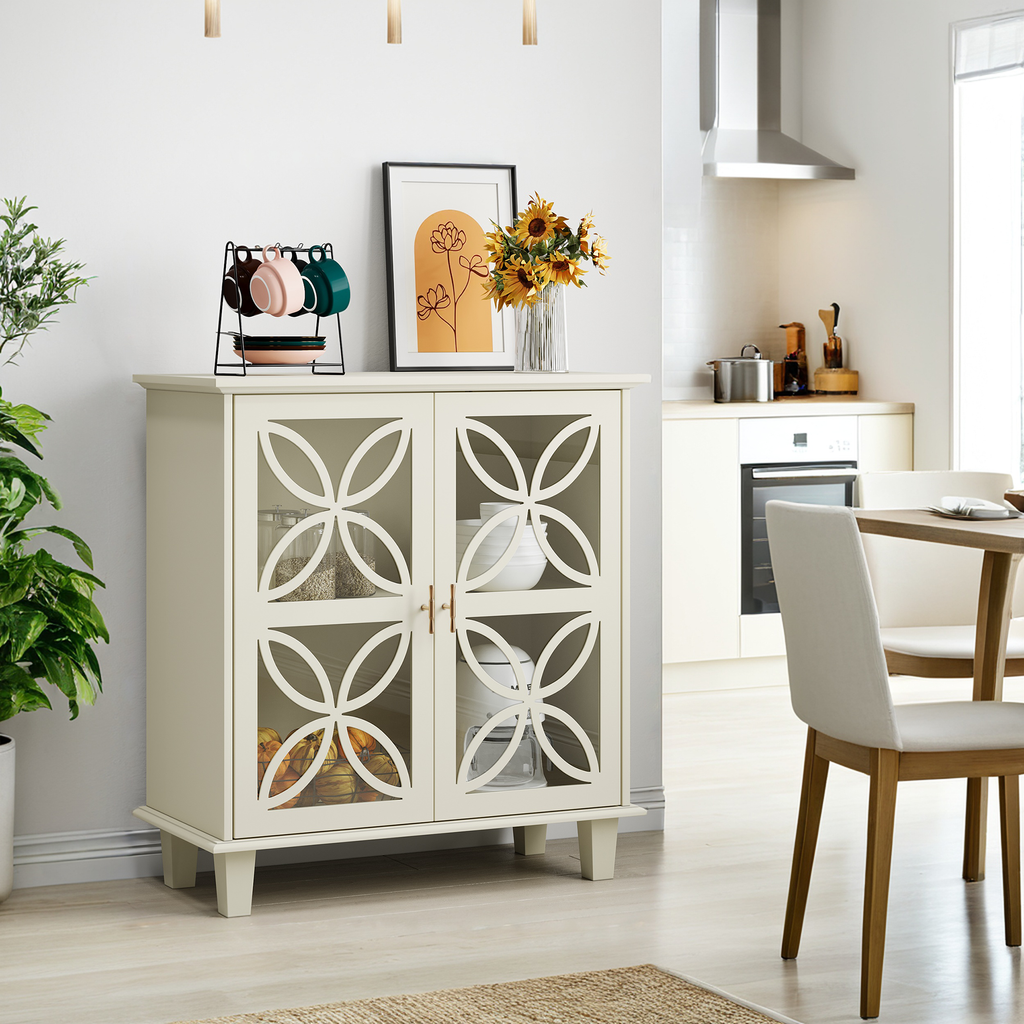 Modern Retro Sideboard Buffet Storage Cabinet with Adjustable Shelves and Tempered Glass Doors in Cream Color