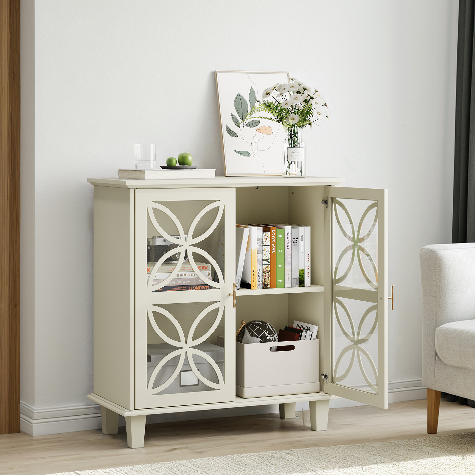 Modern Retro Sideboard Buffet Storage Cabinet with Adjustable Shelves and Tempered Glass Doors in Cream Color
