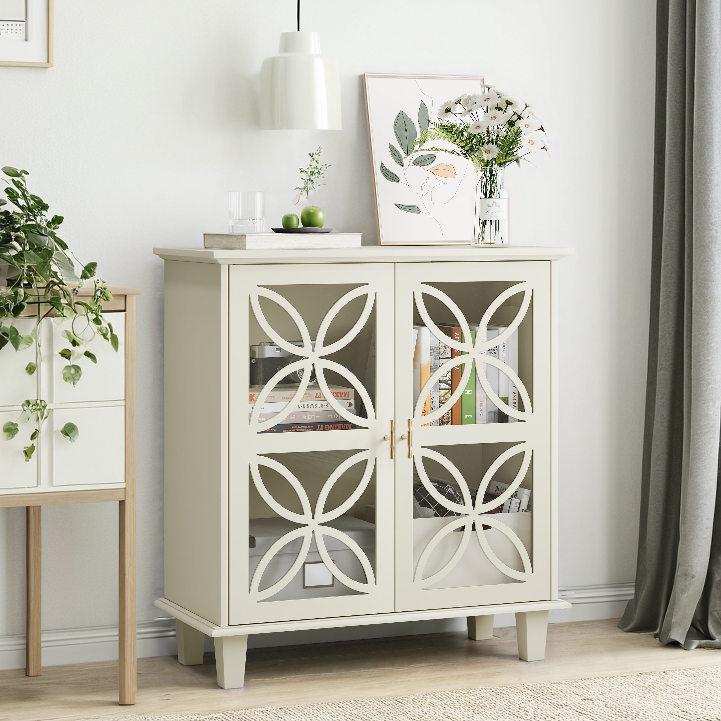 Modern Retro Sideboard Buffet Storage Cabinet with Adjustable Shelves and Tempered Glass Doors in Cream Color