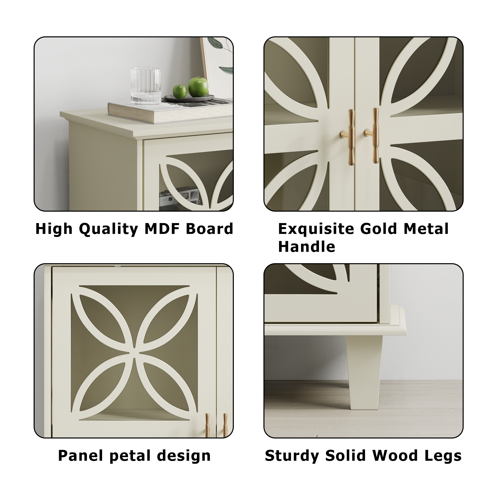 Modern Retro Sideboard Buffet Storage Cabinet with Adjustable Shelves and Tempered Glass Doors in Cream Color