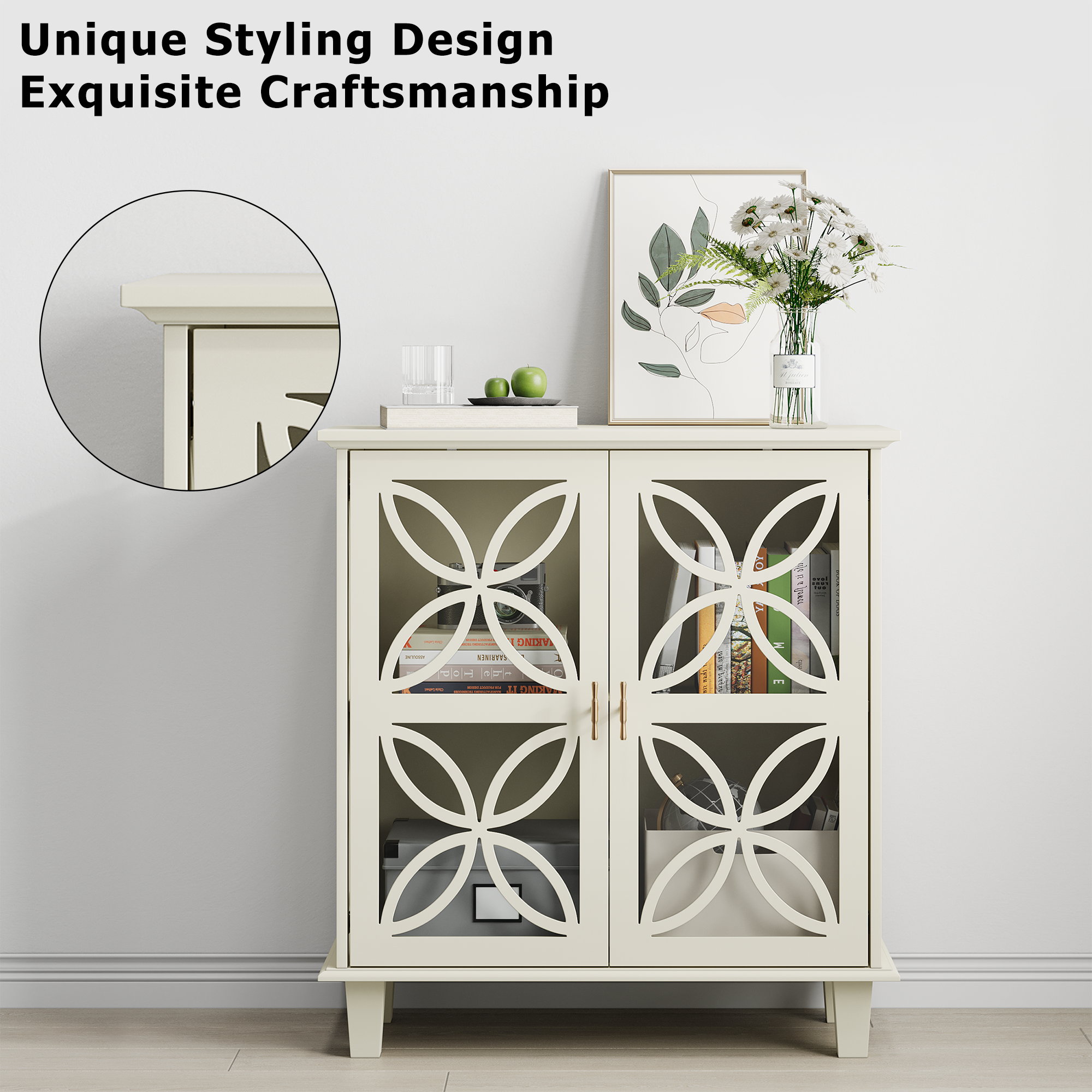 Modern Retro Sideboard Buffet Storage Cabinet with Adjustable Shelves and Tempered Glass Doors in Cream Color