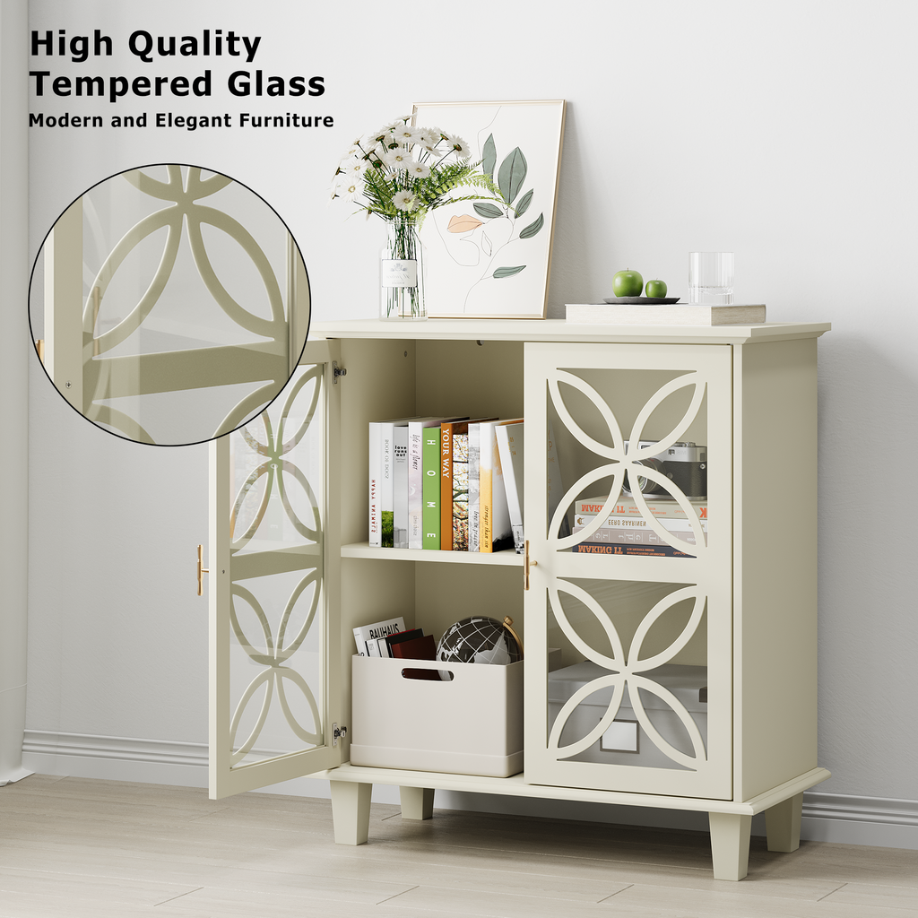 Modern Retro Sideboard Buffet Storage Cabinet with Adjustable Shelves and Tempered Glass Doors in Cream Color