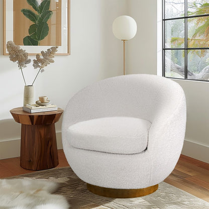 Shearling Sherpa Swivel Chair with Wood Base Cream Fabric and Solid Wood Construction Accent Chair