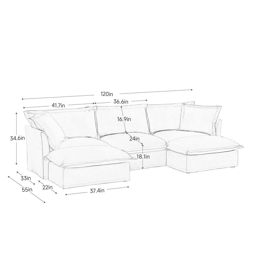 Slipcovered U Shape Sectional Deep Seat Sofa Couch, 3 Seater Sofa with French Edges Design Multiple Big Pillows, Modular Deep Seat Sectional Sofa Comfy Cloud Couch for Living Room, Apartment, Cream