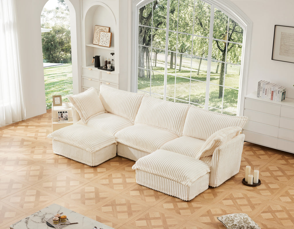 Slipcovered U Shape Sectional Deep Seat Sofa Couch, 3 Seater Sofa with French Edges Design Multiple Big Pillows, Modular Deep Seat Sectional Sofa Comfy Cloud Couch for Living Room, Apartment, Cream