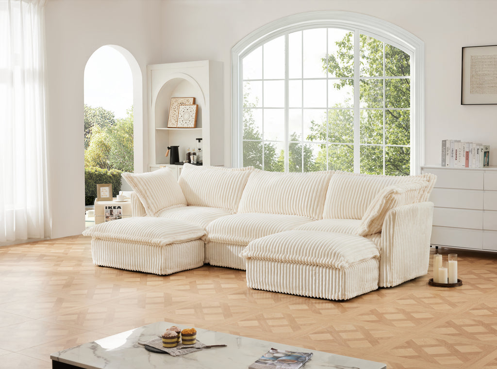 Slipcovered U Shape Sectional Deep Seat Sofa Couch, 3 Seater Sofa with French Edges Design Multiple Big Pillows, Modular Deep Seat Sectional Sofa Comfy Cloud Couch for Living Room, Apartment, Cream