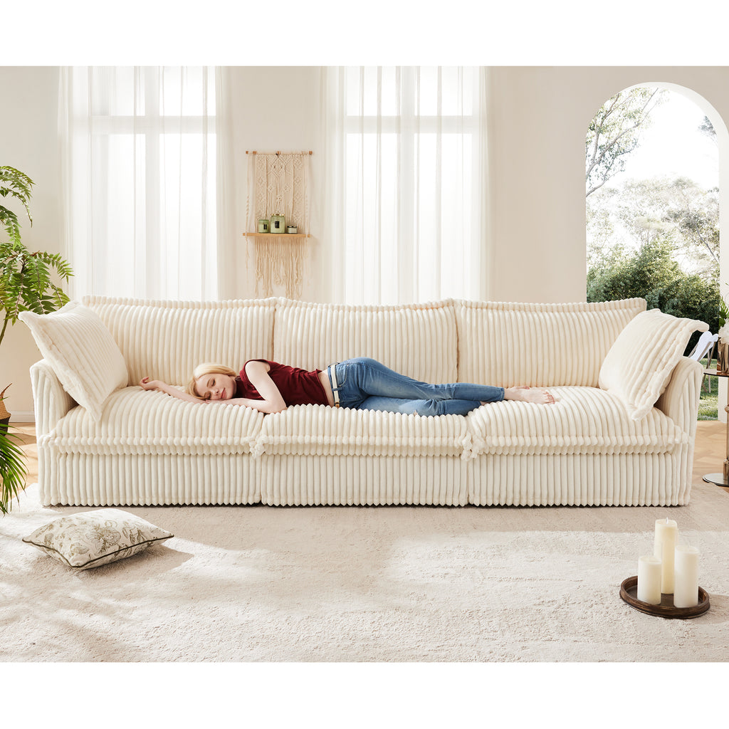 Slipcovered U Shape Sectional Deep Seat Sofa Couch, 3 Seater Sofa with French Edges Design Multiple Big Pillows, Modular Deep Seat Sectional Sofa Comfy Cloud Couch for Living Room, Apartment, Cream