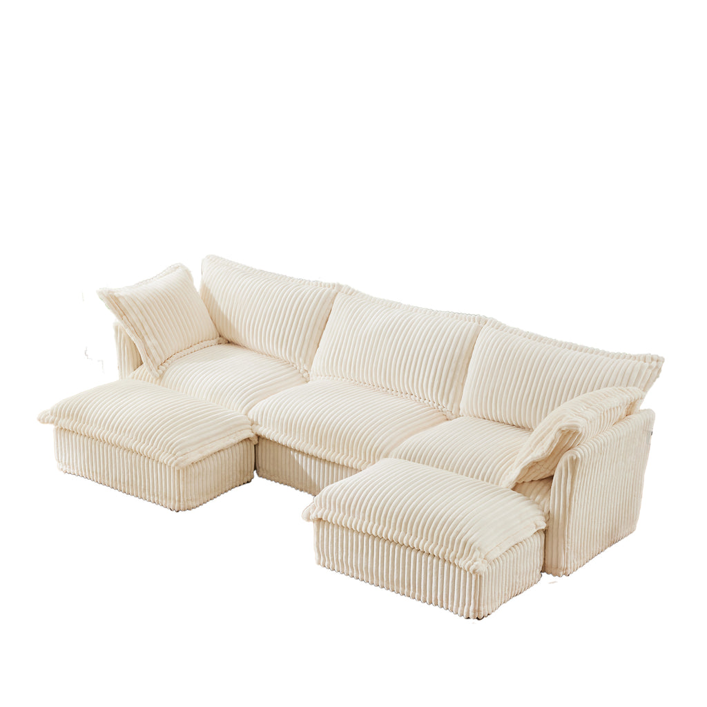 Slipcovered U Shape Sectional Deep Seat Sofa Couch, 3 Seater Sofa with French Edges Design Multiple Big Pillows, Modular Deep Seat Sectional Sofa Comfy Cloud Couch for Living Room, Apartment, Cream