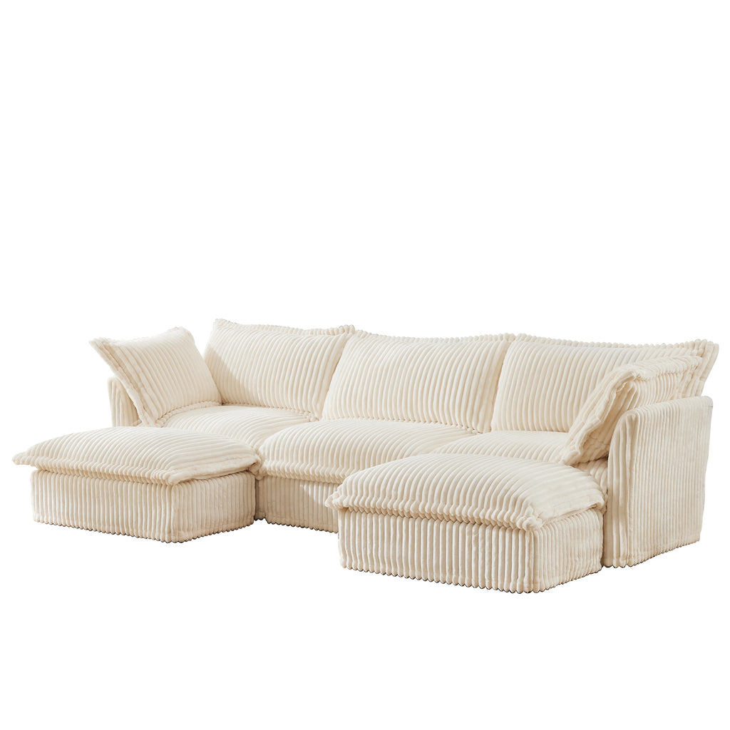 Slipcovered U Shape Sectional Deep Seat Sofa Couch, 3 Seater Sofa with French Edges Design Multiple Big Pillows, Modular Deep Seat Sectional Sofa Comfy Cloud Couch for Living Room, Apartment, Cream