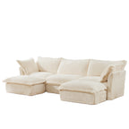 Slipcovered U Shape Sectional Deep Seat Sofa Couch, 3 Seater Sofa with French Edges Design Multiple Big Pillows, Modular Deep Seat Sectional Sofa Comfy Cloud Couch for Living Room, Apartment, Cream