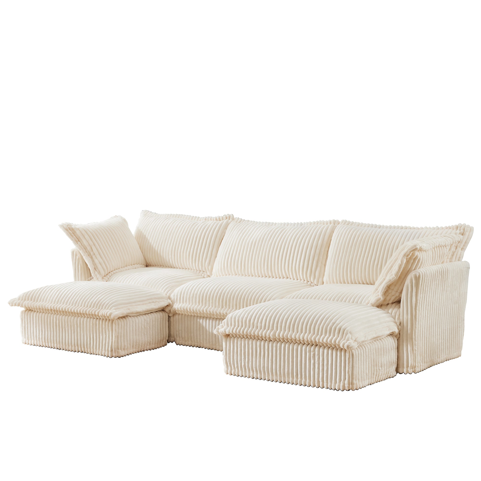 Slipcovered U Shape Sectional Deep Seat Sofa Couch, 3 Seater Sofa with French Edges Design Multiple Big Pillows, Modular Deep Seat Sectional Sofa Comfy Cloud Couch for Living Room, Apartment, Cream