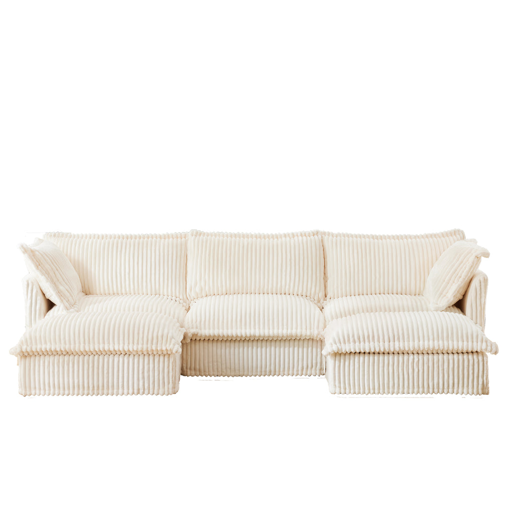 Slipcovered U Shape Sectional Deep Seat Sofa Couch, 3 Seater Sofa with French Edges Design Multiple Big Pillows, Modular Deep Seat Sectional Sofa Comfy Cloud Couch for Living Room, Apartment, Cream