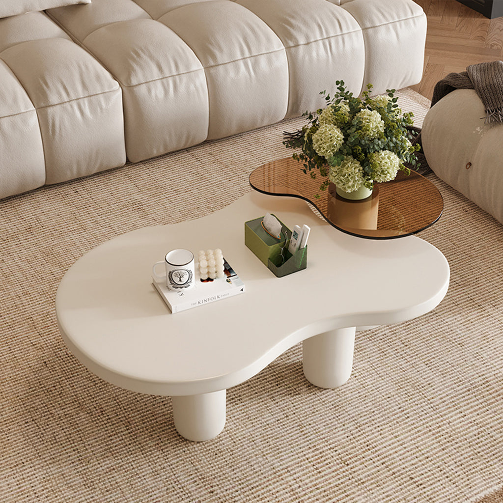 Cream White Modern Nesting Coffee Tables Set of 2, 2 in 1 Irregular Coffee Table with Glass Top End Table for Living Room Easy to Assemble