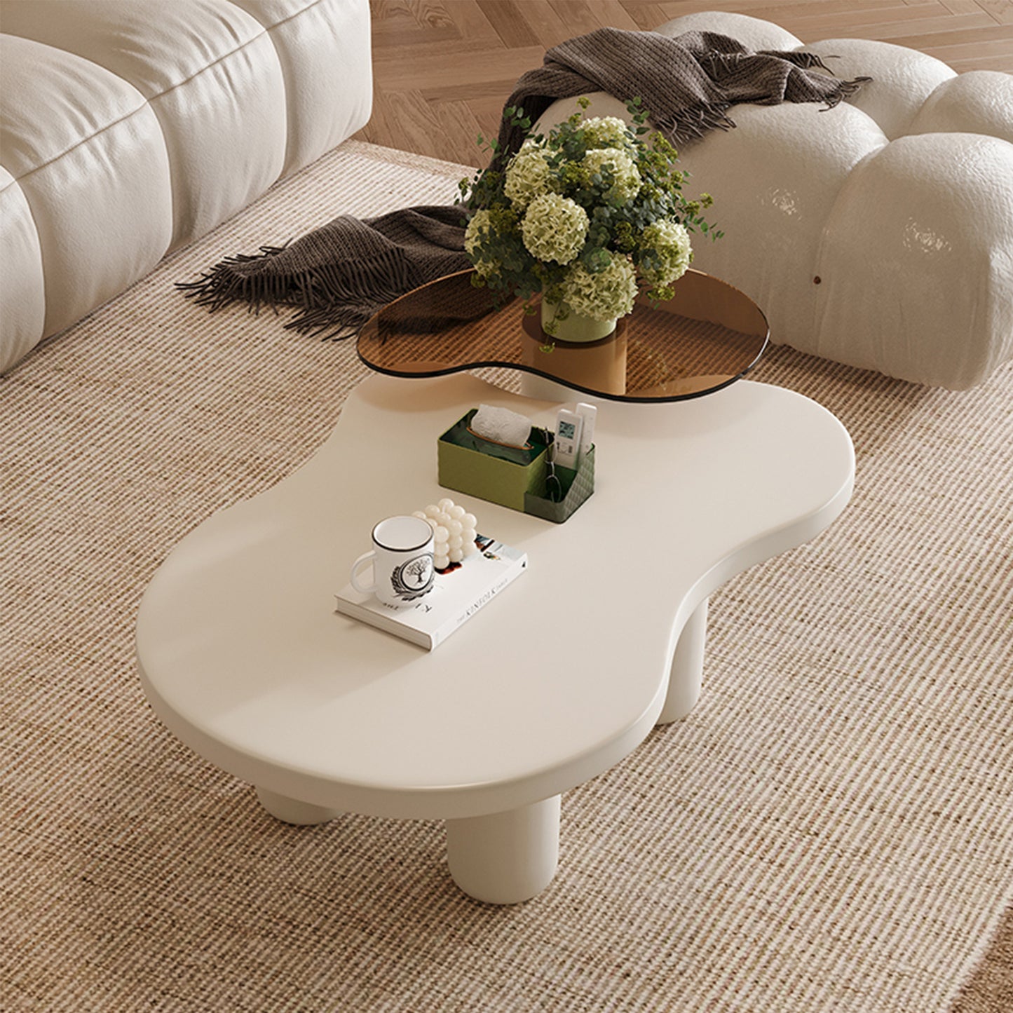 Cream White Modern Nesting Coffee Tables Set of 2, 2 in 1 Irregular Coffee Table with Glass Top End Table for Living Room Easy to Assemble