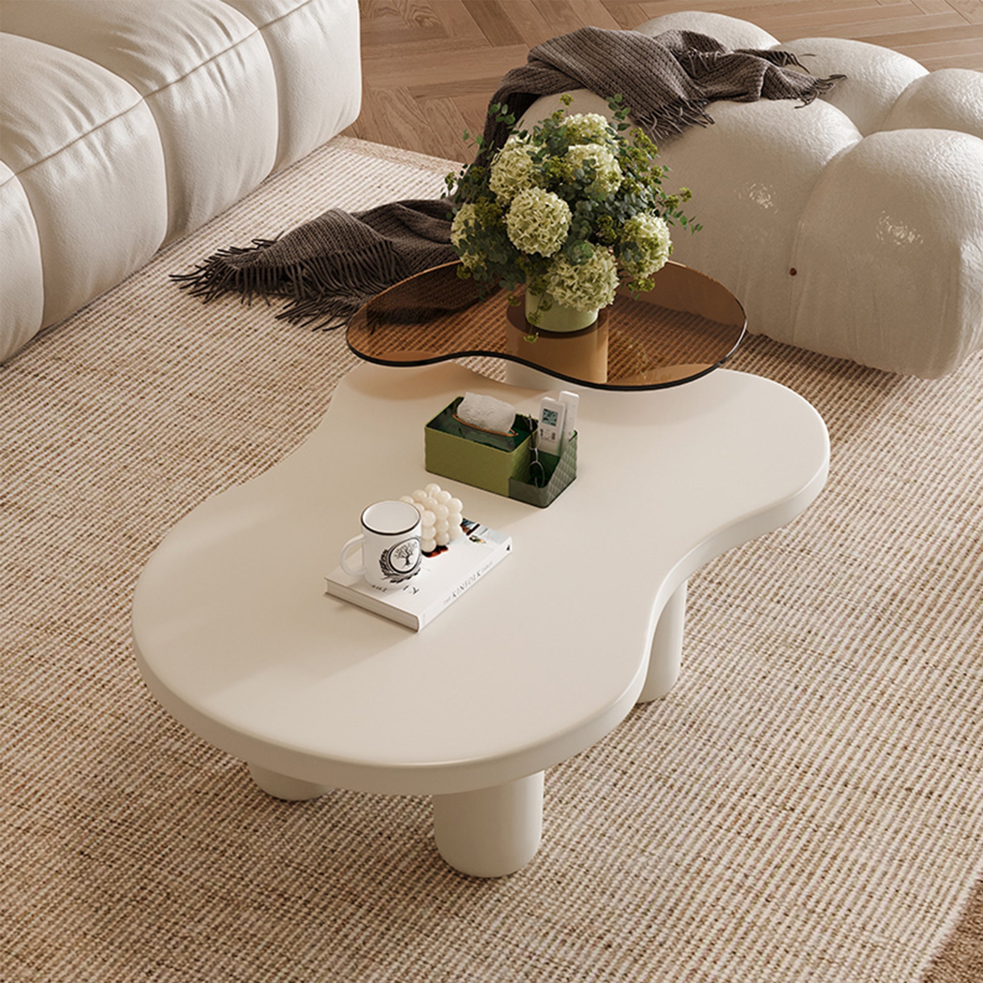 Cream White Modern Nesting Coffee Tables Set of 2, 2 in 1 Irregular Coffee Table with Glass Top End Table for Living Room Easy to Assemble