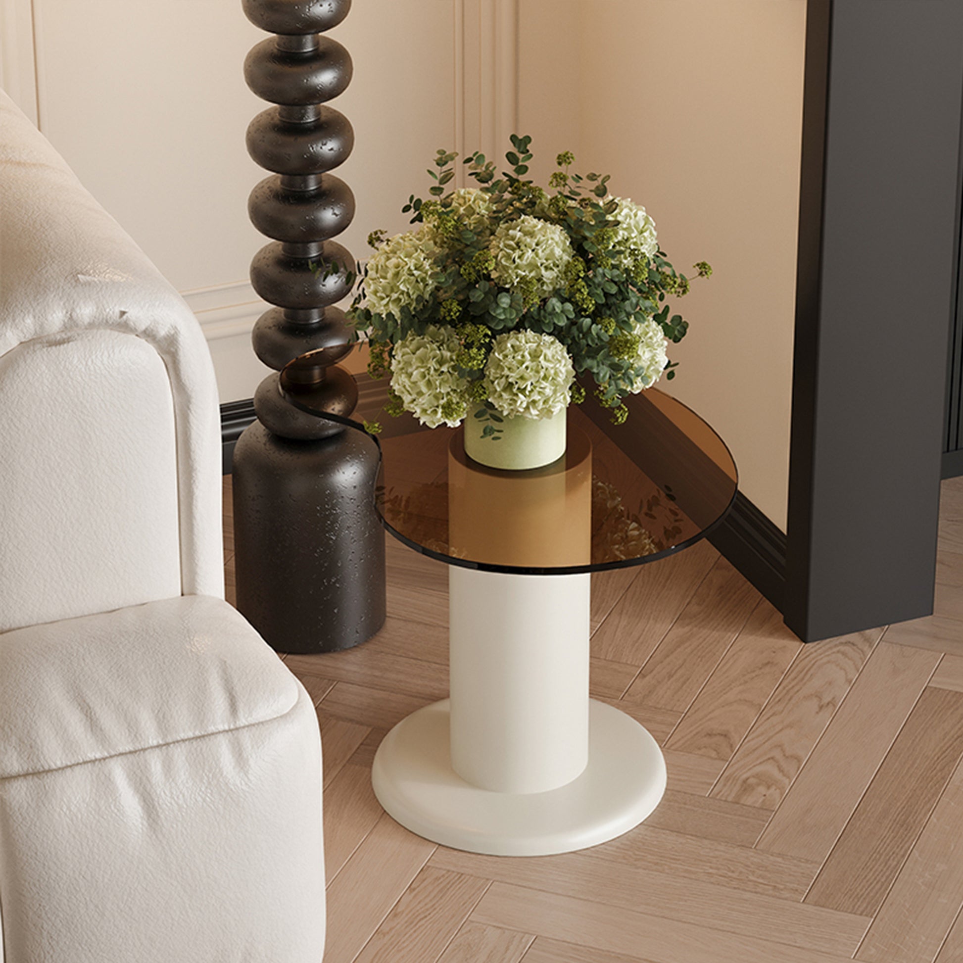 Cream White Modern Nesting Coffee Tables Set of 2, 2 in 1 Irregular Coffee Table with Glass Top End Table for Living Room Easy to Assemble