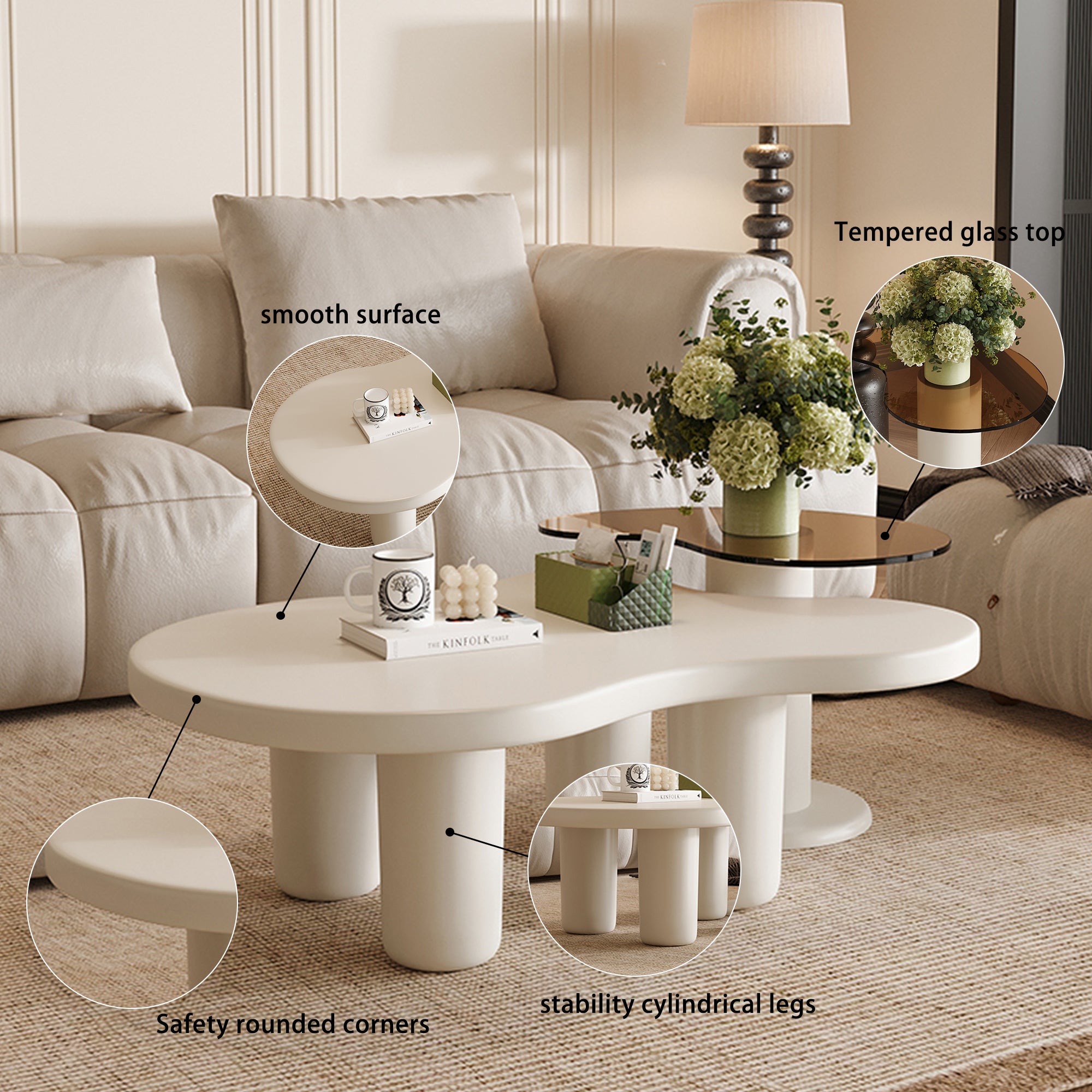 Cream White Modern Nesting Coffee Tables Set of 2, 2 in 1 Irregular Coffee Table with Glass Top End Table for Living Room Easy to Assemble