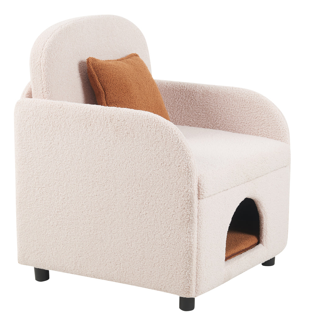 Furniture Style 2 in 1 Pet Friendly Fluffy Fabric Sherpa Upholstered Leisure Armchair with Lumbar Pillow for Living Room Bedroom Home and Office, Cream White